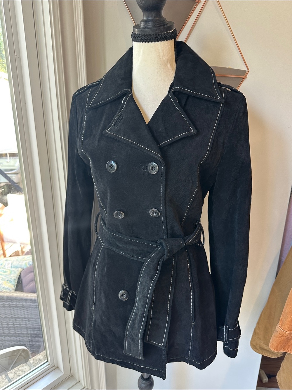 WILSONS LEATHER Black Suede Double-Breasted Short Trench Coat Jacket Size Small